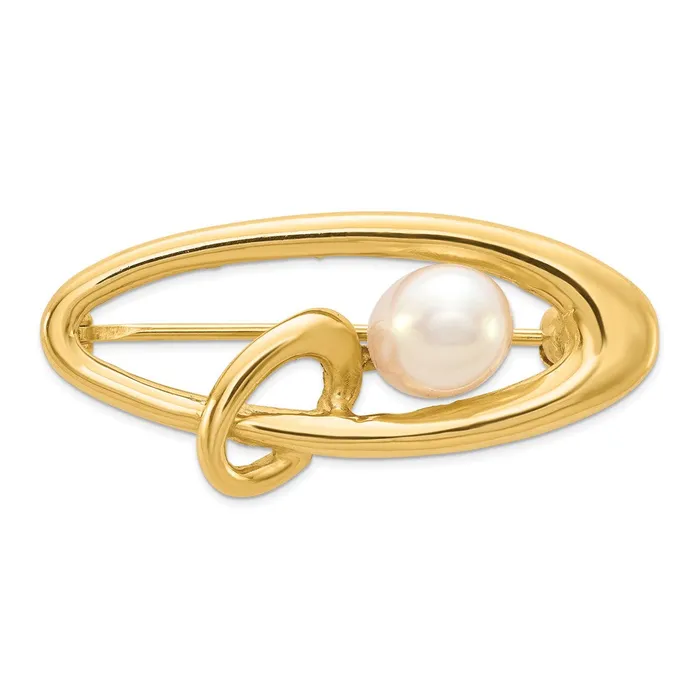 14k Yellow Gold Polished Oval with 56mm White Rice Freshwater Cultured Pearl Pin Brooch Goldia Earrings
