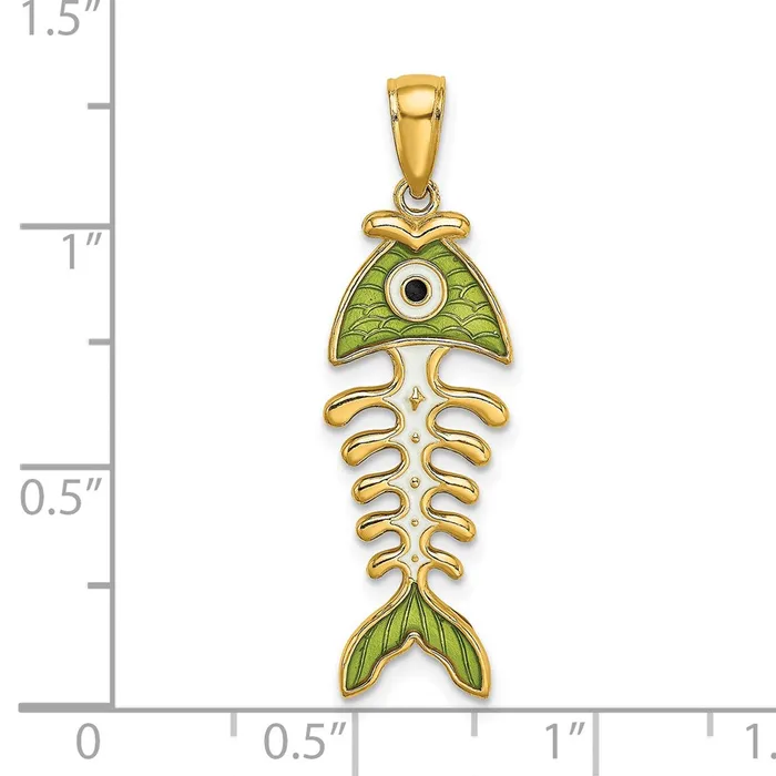 Charm Necklaces 14k Yellow Gold 3D Green Enamel Fish Bone Charm Goldia