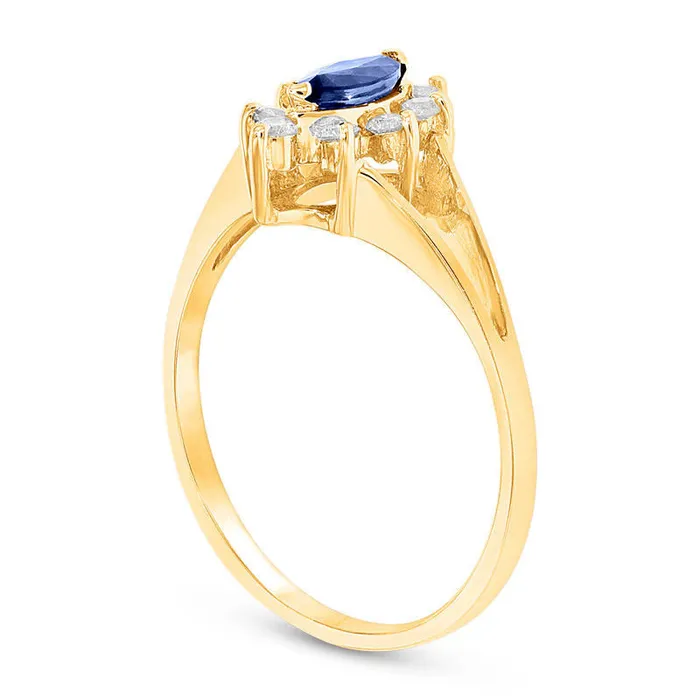 Goldia Marquise Blue Sapphire and 017 CT TW Natural Diamond Frame Split Shank Ring in Solid 14K Gold Rings