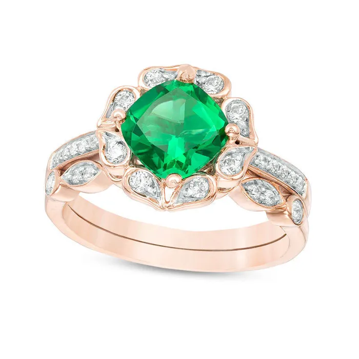 Goldia Rings 70mm CushionCut LabCreated Emerald and 033 CT TW Diamond Flower Frame Bridal Engagement Ring Set in Solid 10K Rose Gold
