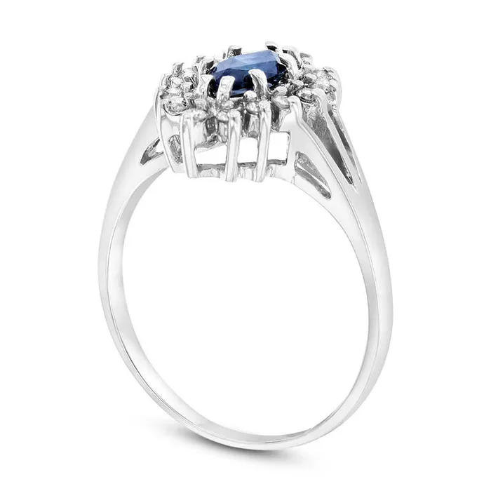 Marquise Blue Sapphire and 020 CT T W Natural Diamond Starburst Frame Split Shank Ring in Solid 14K White Gold Goldia Rings