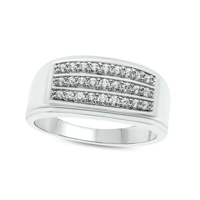 Mens 050 CT TW Natural Diamond Tripe Row Stepped Shank Ring in Solid 10K White Gold Goldia Rings