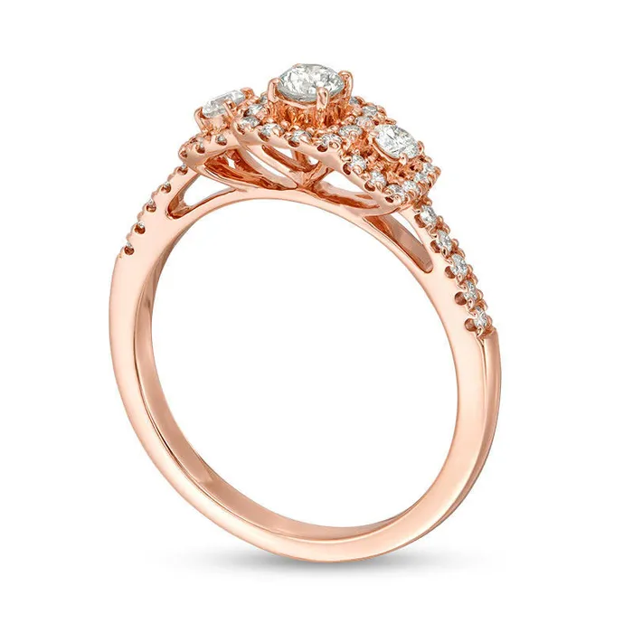 Rings Goldia 050 CT TW Certified Natural Diamond Three Stone Cushion Frame Engagement Ring in Solid 14K Rose Gold II1