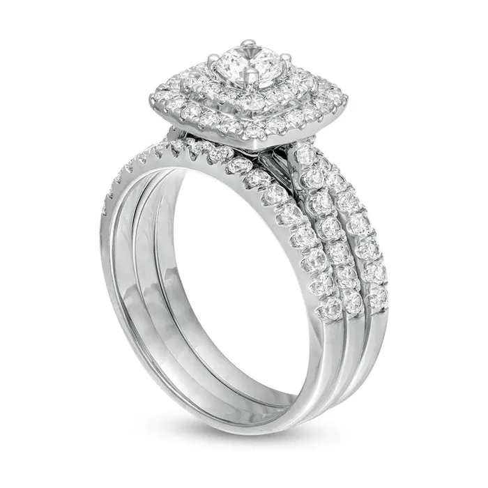 Rings Goldia 15 CT TW Natural Diamond Double Cushion Frame Three Piece Bridal Engagement Ring Set in Solid 10K White Gold Rings Goldia 15 CT TW Natural Diamond Double Cushion Frame Three Piece Bridal Engagement Ring Set in Solid 10K White Gold