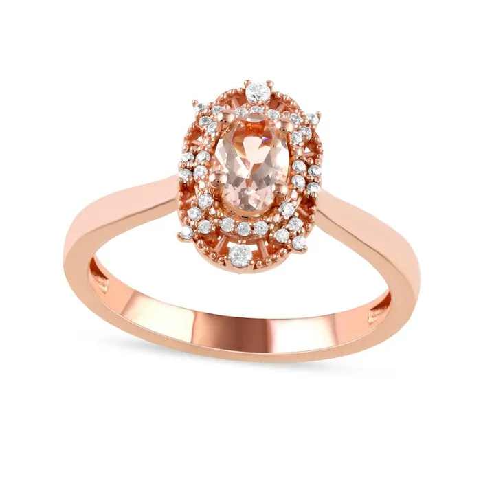 Rings Goldia Oval Morganite and 010 CT TW Natural Diamond Bead Frame Sunburst Ring in Solid 10K Rose Gold