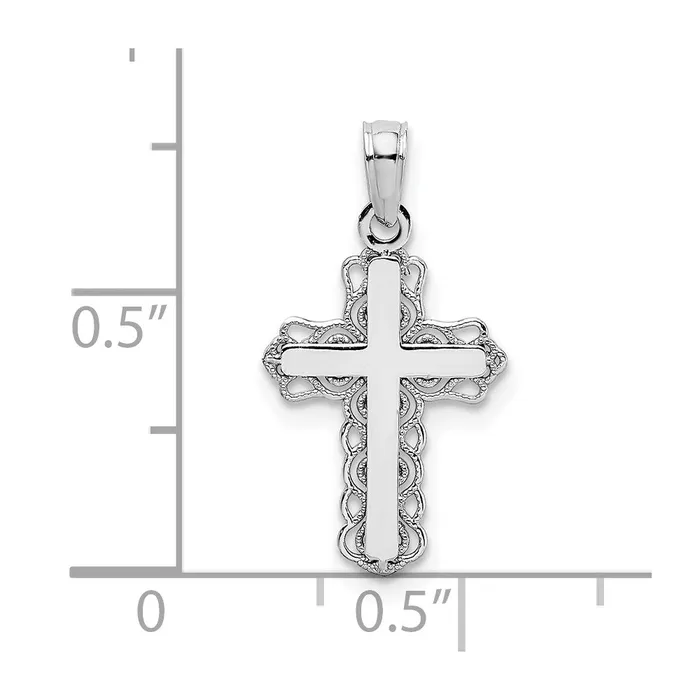 14K White Gold w Lace Trim and Polished Center Cross Charm TreasureFineJewelers Charm Necklaces