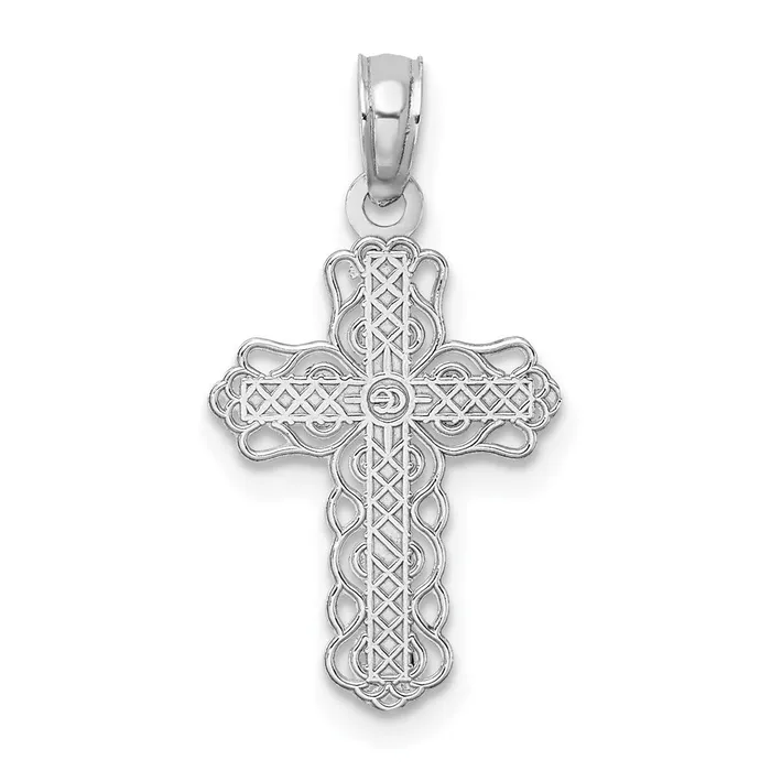 14K White Gold w Lace Trim and Polished Center Cross Charm TreasureFineJewelers Charm Necklaces