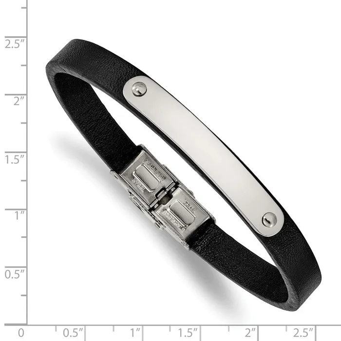 Bracelets TreasureFineJewelers Chisel Stainless Steel Polished Black Leather 85 inch ID Bracelet