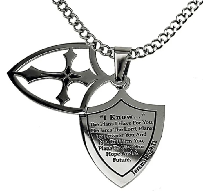 I Know Necklace Two Piece Cross Shield with Bible Verse Stainless Steel Curb Chain North Arrow Shop Necklaces