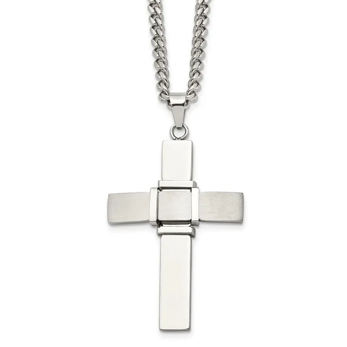 TreasureFineJewelers Chisel Stainless Steel Brushed and Polished Cross Pendant on a 22 inch Curb Chain Necklace Necklaces