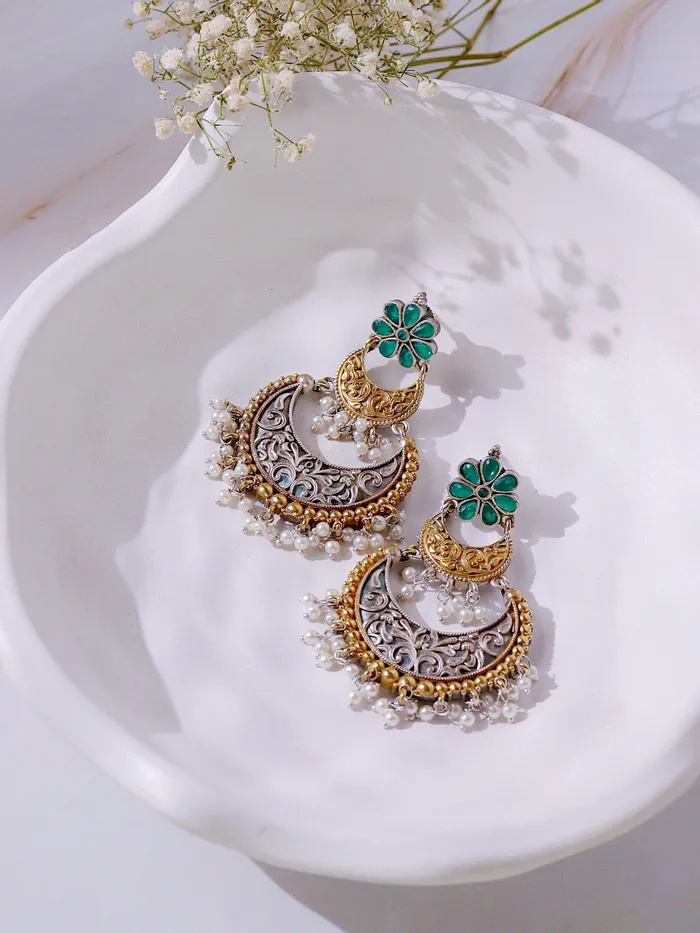 Earrings Curio Cottage The Gypsy Minted Gold Layered Chandbali Earrings Earrings Curio Cottage The Gypsy Minted Gold Layered Chandbali Earrings