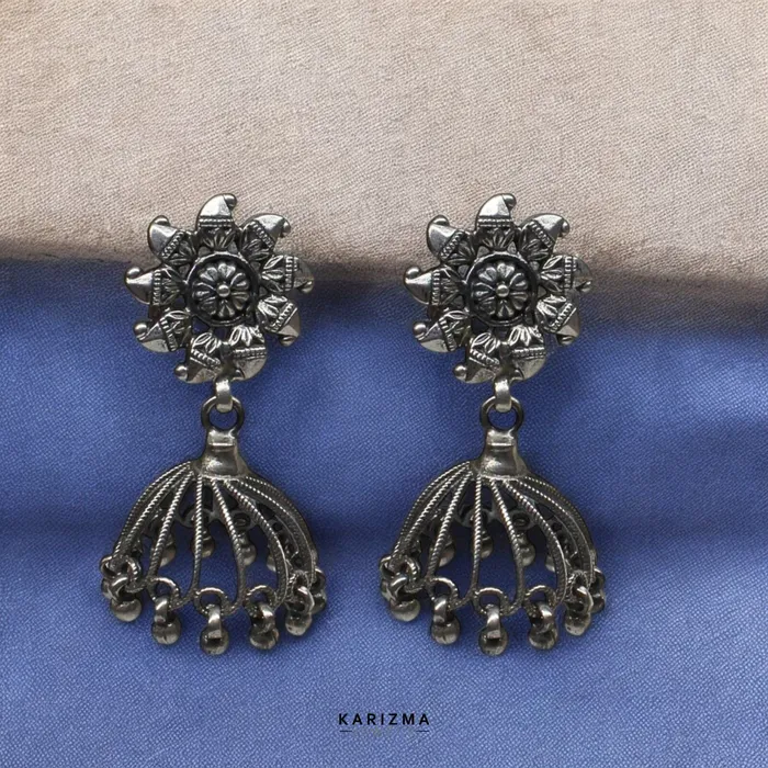 Karizma Jewels Antique Style 925 Sterling Silver Oxidized women Jhumka Earrings Earrings