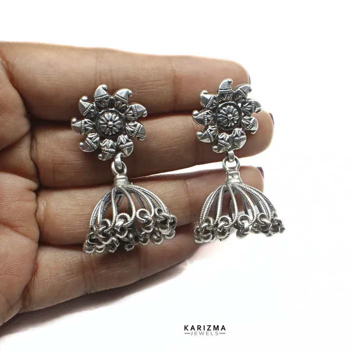 Karizma Jewels Antique Style 925 Sterling Silver Oxidized women Jhumka Earrings Earrings