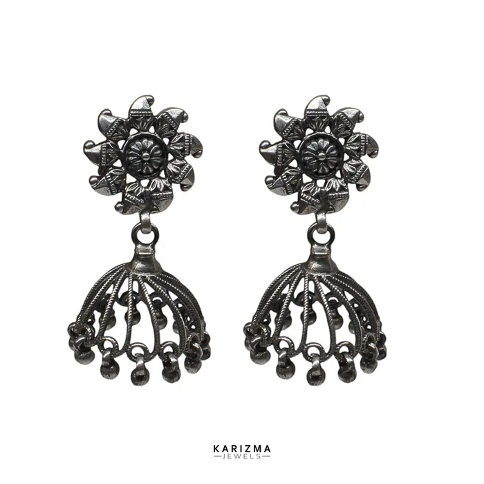 Karizma Jewels Antique Style 925 Sterling Silver Oxidized women Jhumka Earrings Earrings