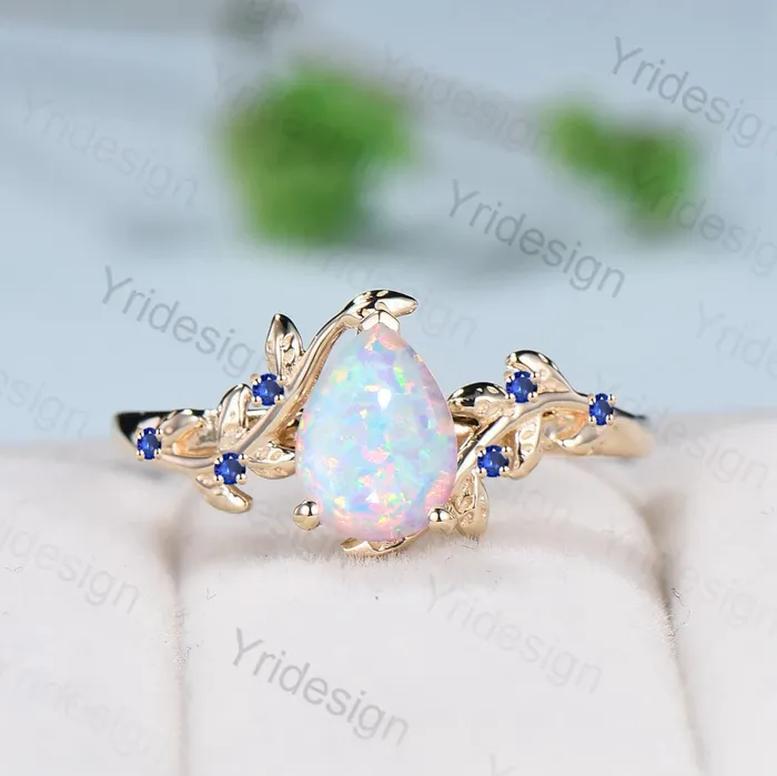 Nature Inspired Fire Opal Engagement Ring 14K Yellow Gold Pear Shaped White Opal Sapphire Ring For Women Floral Twig Leaf Engagement Ring PENFINE Rings