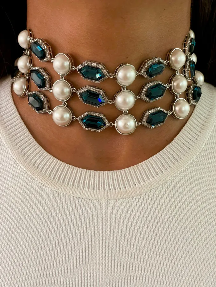 Necklaces 3 Layer Hexagon Sapphire Pearl Choker Necklace Set Necklace Earrings Bracelet Ring PRERTO ECOMMERCE PRIVATE LIMITED