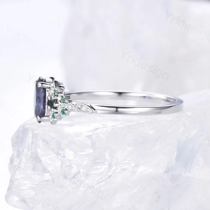 PENFINE Rings 15CT Oval Moss Agate Engagement Ring Unique Leaf Green Agate Cluster Emerald Wedding Ring White Gold Bridal Promise Ring Anniversary Gift