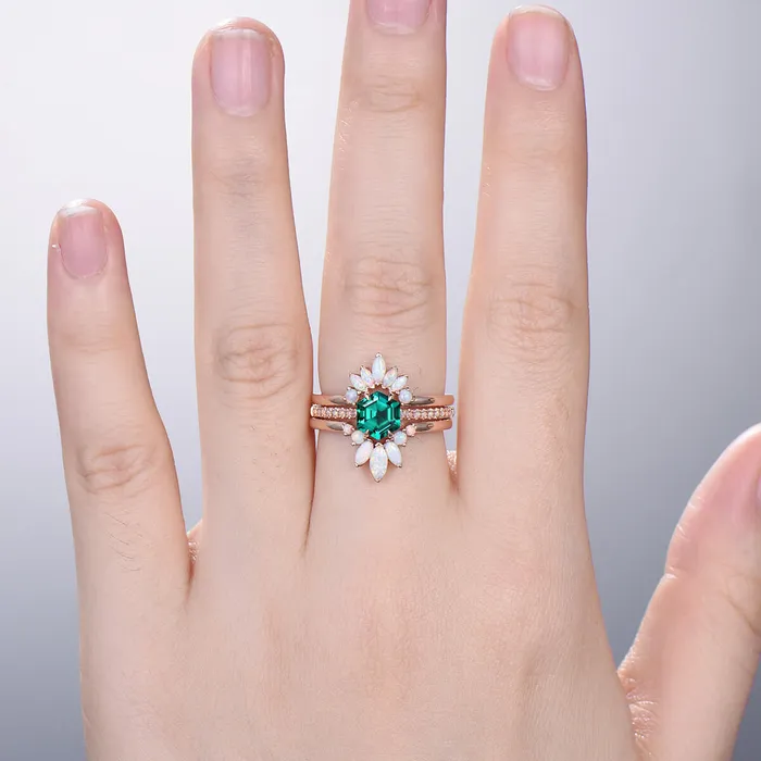 PENFINE Rings Vintage emerald engagement ring set rose gold art deco fire opal wedding ring set for women Unique crown stacking band flower bridal set