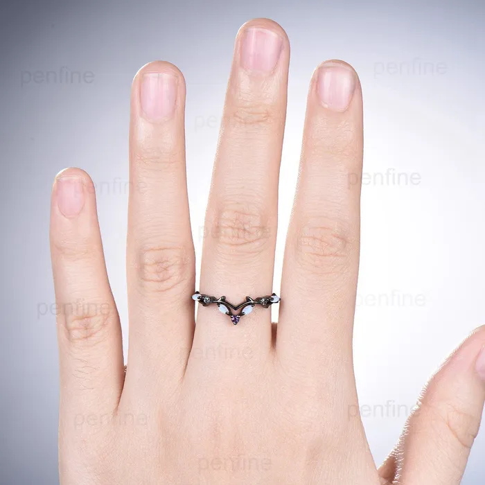 PENFINE Vintage Fire Opal Amethyst Eternity Wedding Band Black Gold Unique Alexandrite Stackable Marquise Art Deco Matching Band Anniversary Gift Rings