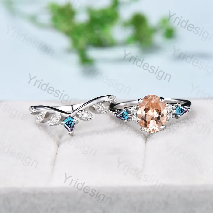 Rings PENFINE 15CT Oval Vintage Morganite Engagement Ring Set Cluster Kite Alexandrite Green Agate Milgrain Moissanite Bridal Wedding Ring Set For Women