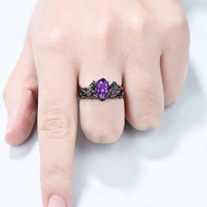 Rings Unique black gold amethyst ring set Nature Inspired purple amethyst engagement ring vintage cluster emerald Leaf wedding ring set for women PENFINE