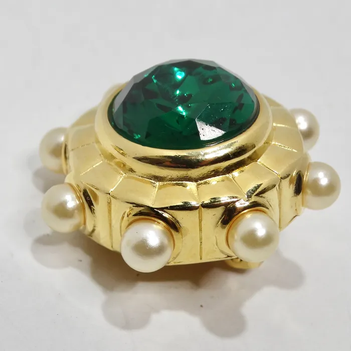 Sandra Miller Burrows 1980s Gold Tone Green Gem Pearl Clip On Earrings Vintage by Misty Earrings