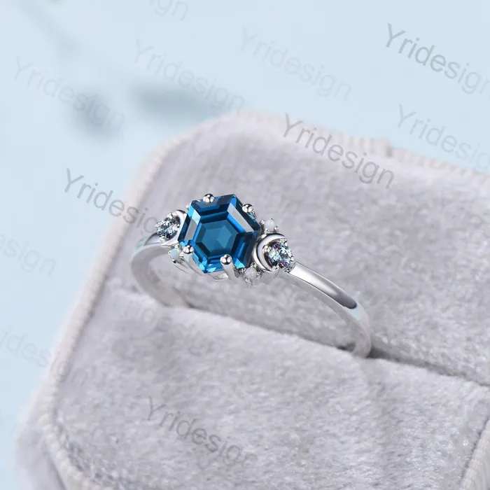Vintage Moon London Blue Topaz Ring Unique Nature Inspired Hexagon topaz Engagement Ring Cluster Alexandrite Opal Wedding Ring gift for her PENFINE Rings Vintage Moon London Blue Topaz Ring Unique Nature Inspired Hexagon topaz Engagement Ring Cluster Alexandrite Opal Wedding Ring gift for her PENFINE Rings