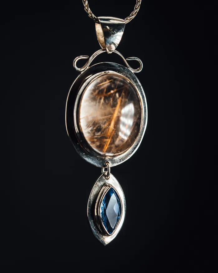 Art FX fine jewelry Necklaces Sterling Silver Rutilated Quartz and Blue Topaz Pendant