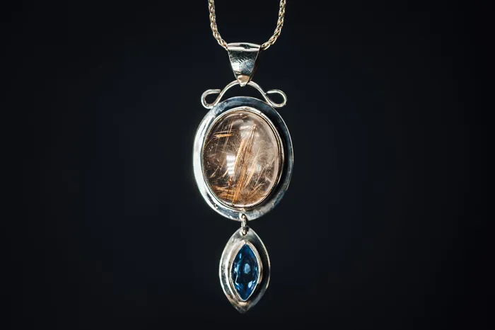Art FX fine jewelry Necklaces Sterling Silver Rutilated Quartz and Blue Topaz Pendant