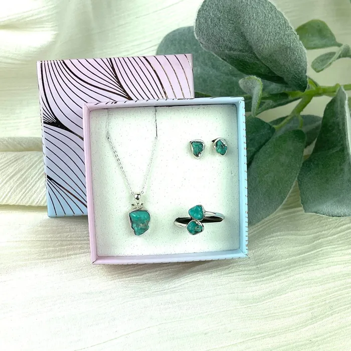 Bliss Crystals Earrings Turquoise Jewelry 3 pc Box Set Sterling Silver Earrings Pendant Adjustable Ring J851