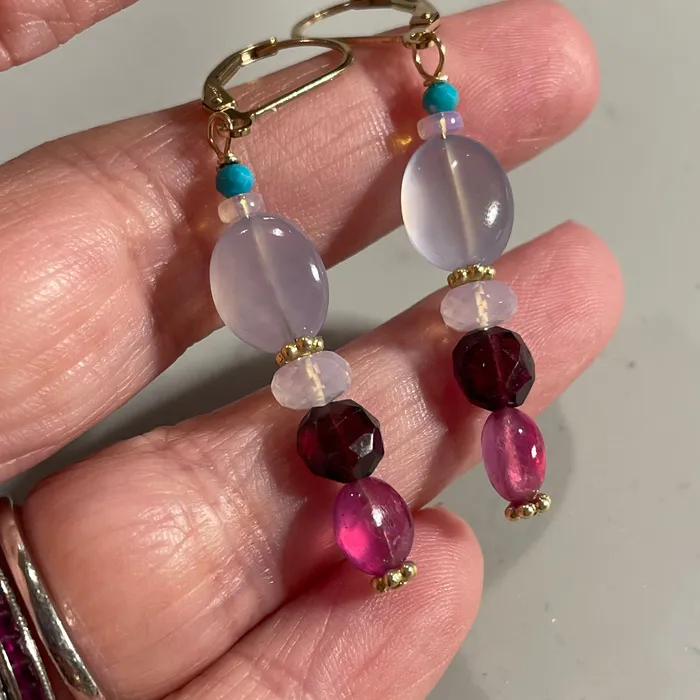 Earrings Chalcedony Earrings Pink Sapphire Garnet Moon Quartz Opal and Turquoise Gold Filled Handmade Love Vintage Paris