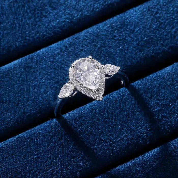 icezeusshop Rings Moissanite Pear Cut Halo ThreeStone Ring icezeusshop Rings Moissanite Pear Cut Halo ThreeStone Ring