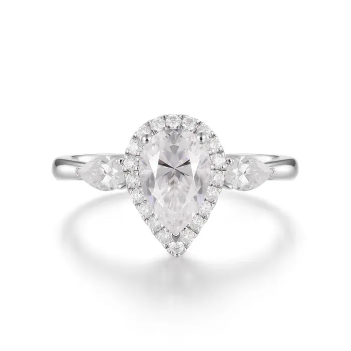 icezeusshop Rings Moissanite Pear Cut Halo ThreeStone Ring icezeusshop Rings Moissanite Pear Cut Halo ThreeStone Ring