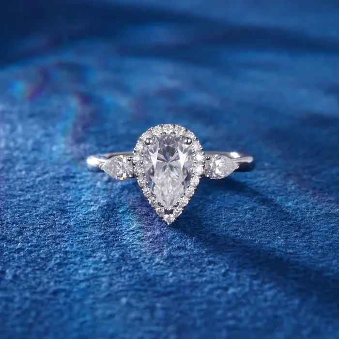icezeusshop Rings Moissanite Pear Cut Halo ThreeStone Ring icezeusshop Rings Moissanite Pear Cut Halo ThreeStone Ring