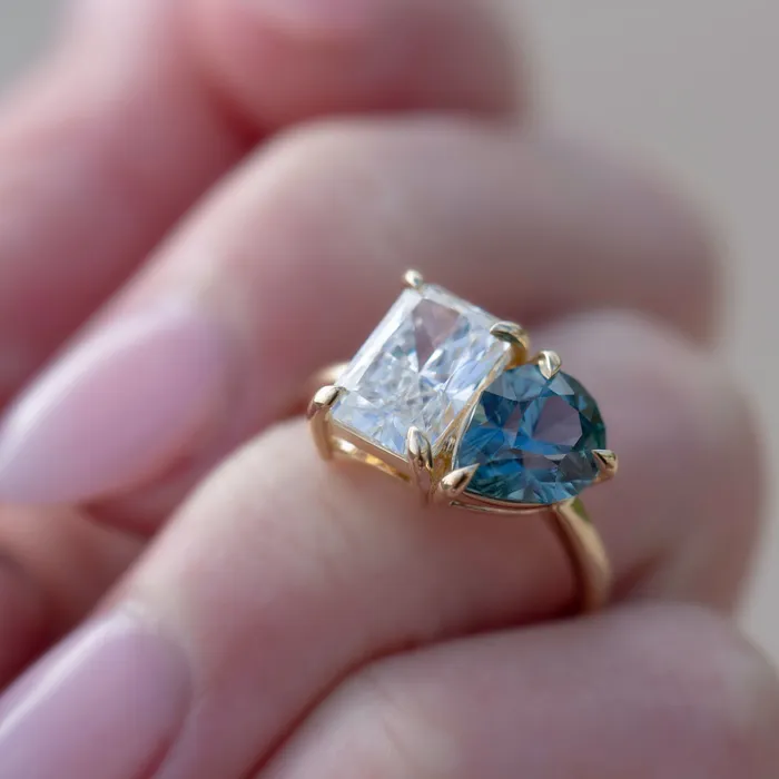 Rings Albrecht Jewellery Toi et Moi Engagement Ring with Teal Sapphire and Lab Grown Diamond 14K Gold