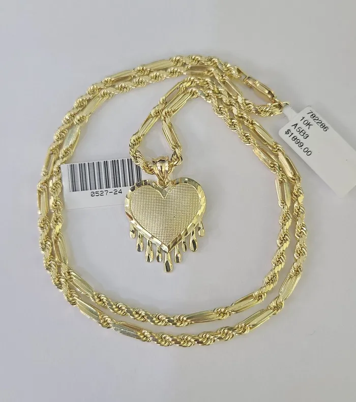 10k Milano Rope Chain Heart Charm Necklace SET 3mm 18 20 22 24 Pendant Gold and Diamond Necklaces