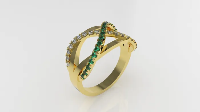 14K Gold Ring with 18 Diamonds and 20 Emeralds Stt Prong Cut Split JCM DESIGN JEWELRY Rings