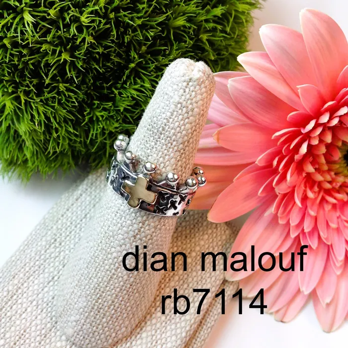 Dian Malouf Rings rb7114 Sterling Silver Crown Ring With 14k Gold Cross