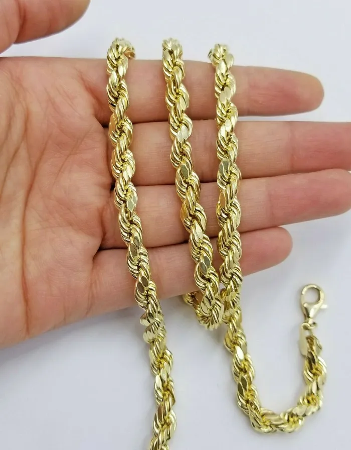 Gold and Diamond Necklaces REAL 10K Gold Rope Chain Necklace 7mm 30 Inch Mens 10 k yellow Gold Diamond Cut