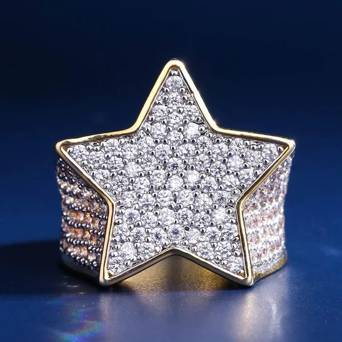 Iced Out Diamond Star Ring 14K Gold Plated Bling Proud Rings