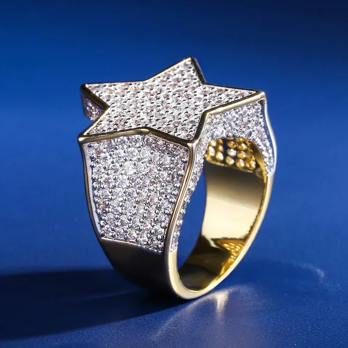 Iced Out Diamond Star Ring 14K Gold Plated Bling Proud Rings