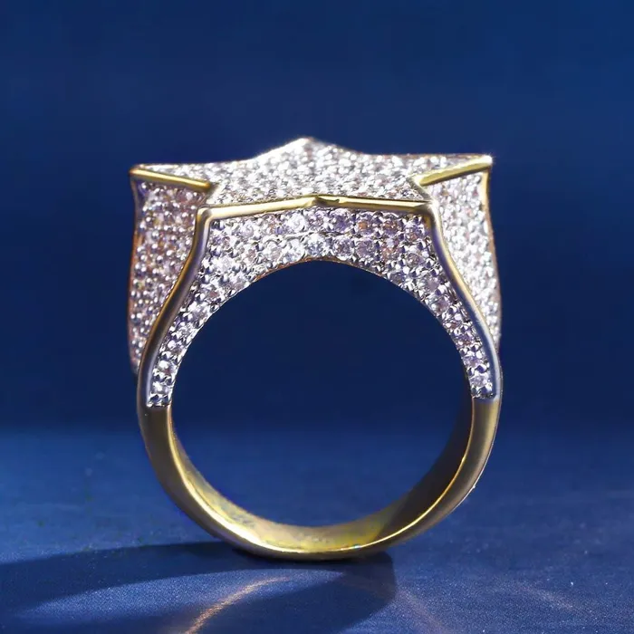 Iced Out Diamond Star Ring 14K Gold Plated Bling Proud Rings