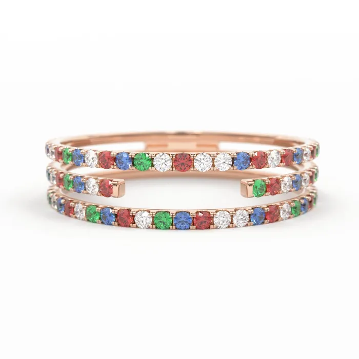 Jalvi Co Gradient Micro Pave Rainbow Eternity Ring 3 Row Band Cocktail Ring 14k Gold Blue Sapphire Emerald Ruby Orange Sapphire Ruby Ring Rings