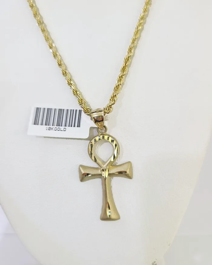 Necklaces 10k Gold Rope Chain Ankh Cross Charm Pendent SET 3mm 24Inches Necklace Gold and Diamond