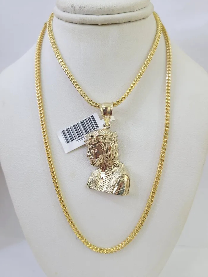 Necklaces Gold and Diamond 10K Franco Chain Jesus Head Pendant Charm Necklace 2026 25mm Yellow Gold
