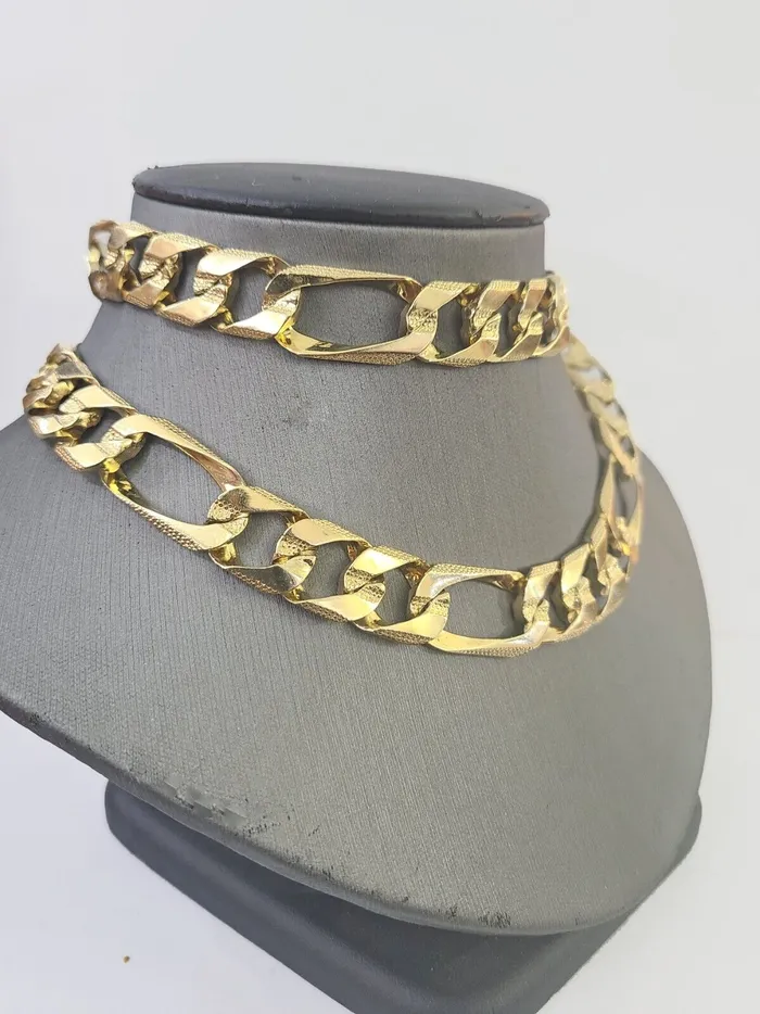 Necklaces Gold and Diamond Real 10k Solid Yellow Gold Figaro Link Chain 13mm 26 Inch 10kt Necklace For Mens