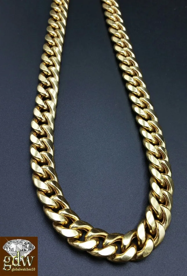 Real 10K Yellow Gold Miami Cuban Chain Necklace 11mm 22 Inch Box Lock Strong Gold and Diamond Necklaces