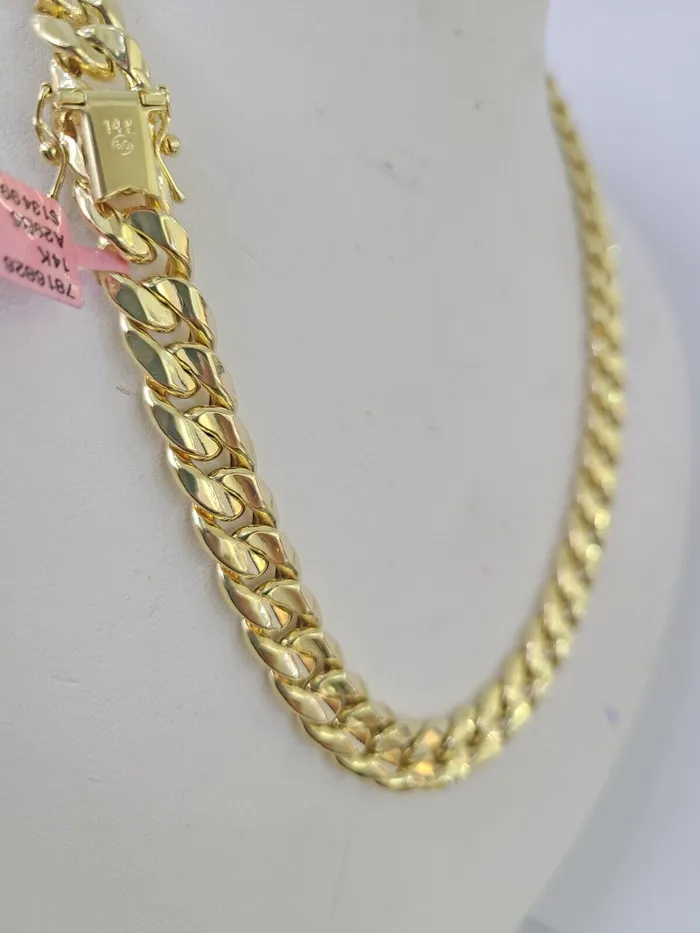 Real 14K Miami Cuban Link Chain Necklace Yellow Gold 18 inch 9mm Mens Hollow Gold and Diamond Necklaces