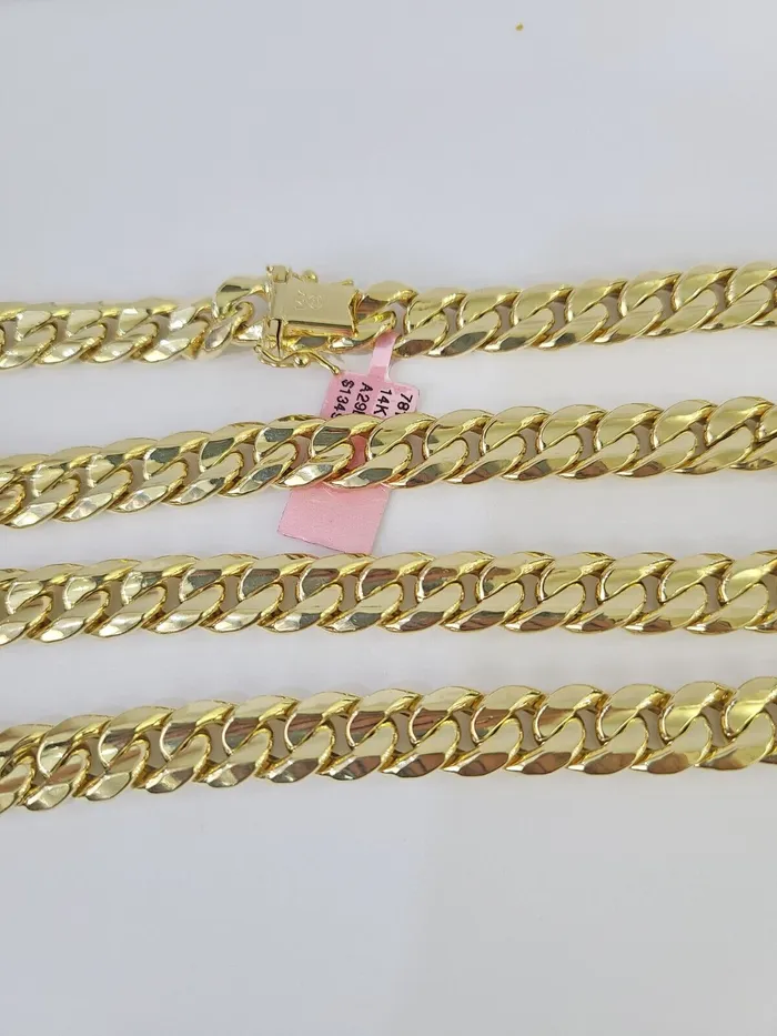 Real 14K Miami Cuban Link Chain Necklace Yellow Gold 18 inch 9mm Mens Hollow Gold and Diamond Necklaces