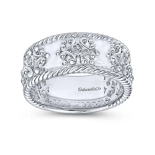 Rings Gabriel Co Sterling Silver Wide Band Ring with Twisted Rope and Diamond Accents